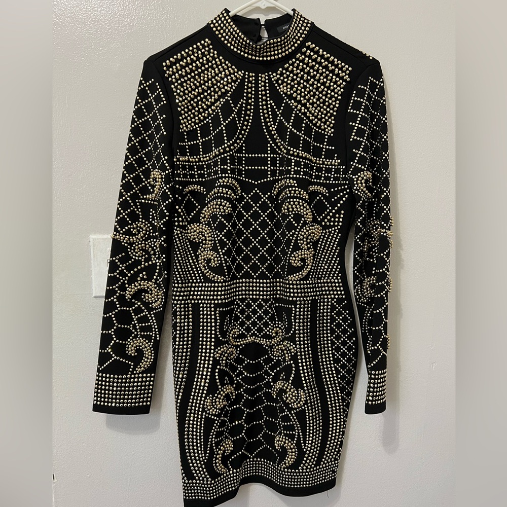 FashionNova Black & Gold-Beaded Bodycon Long Sleeve Dress